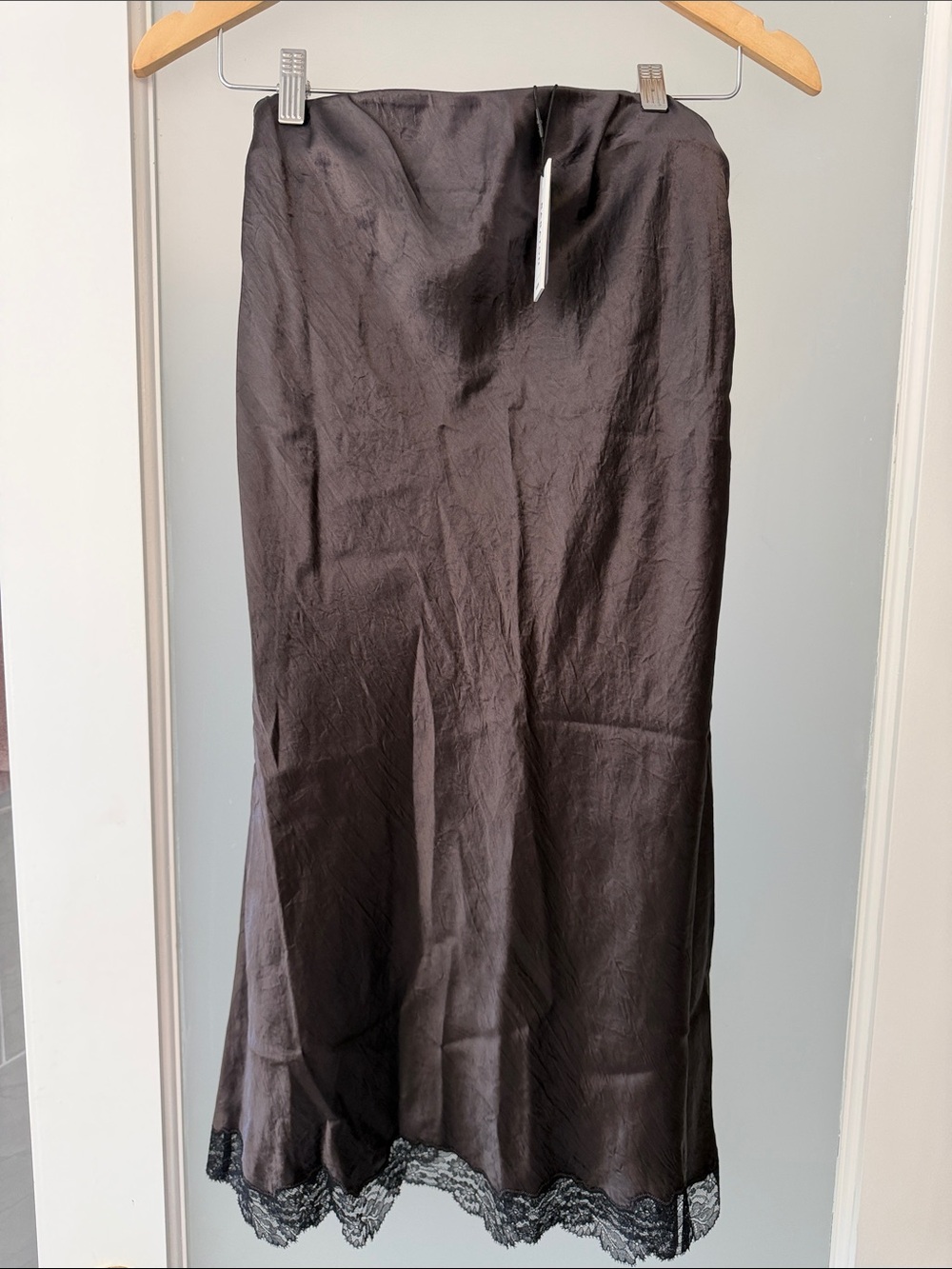 Babaton Black Satin Maxi Slip Skirt with Lace Trim